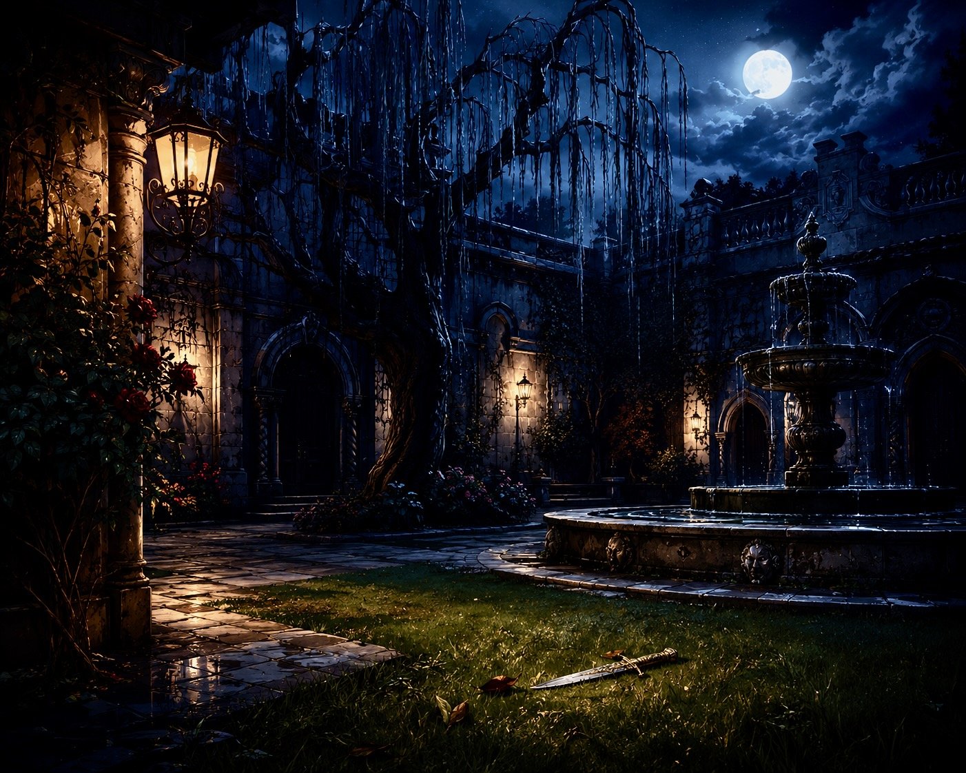 A moonlit courtyard, a fountain, a blade left in the grass
